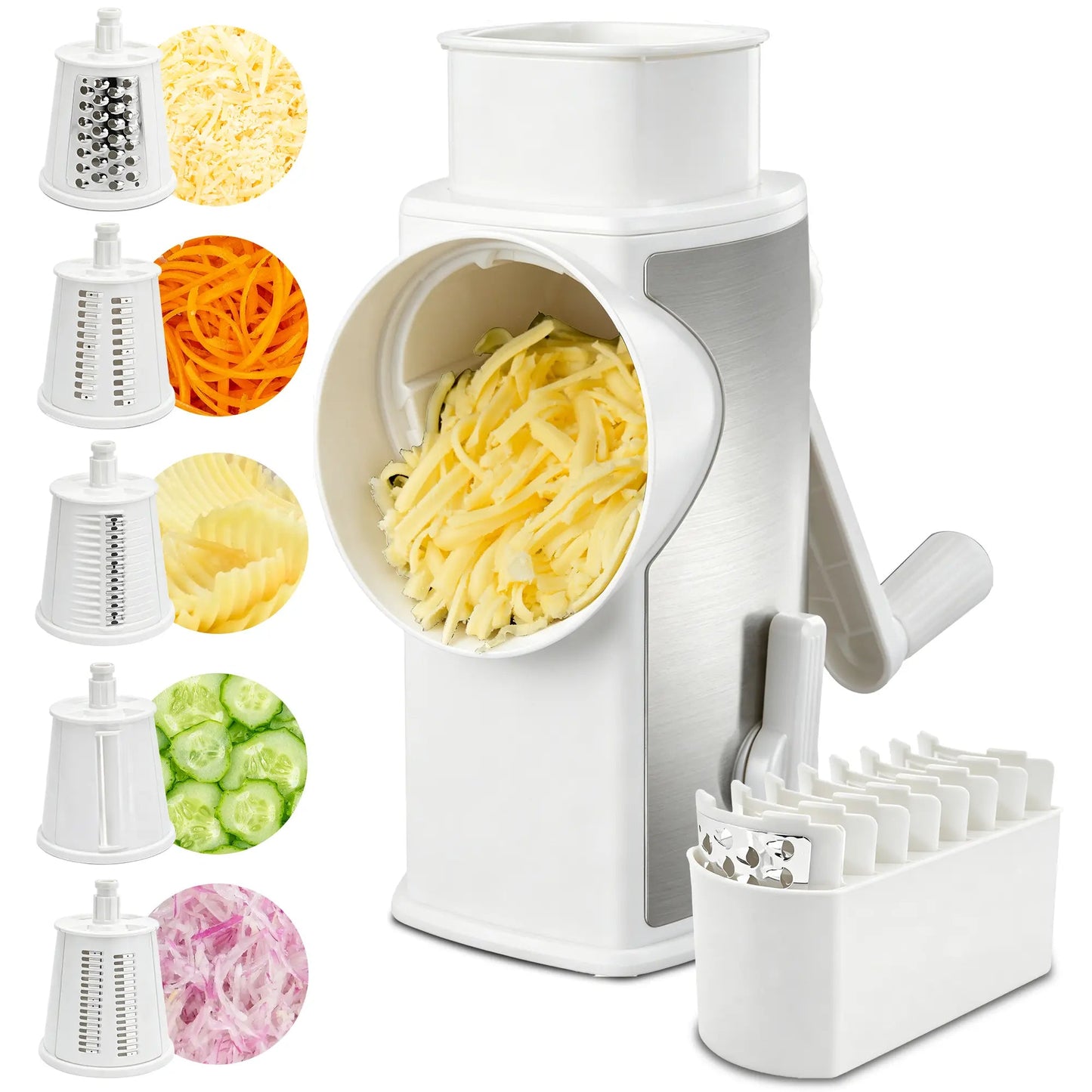 5-in-1 Rotary Cheese Grater with Handle β Interchangeable Blades Vegetable Slicer & Shredder with Suction Base