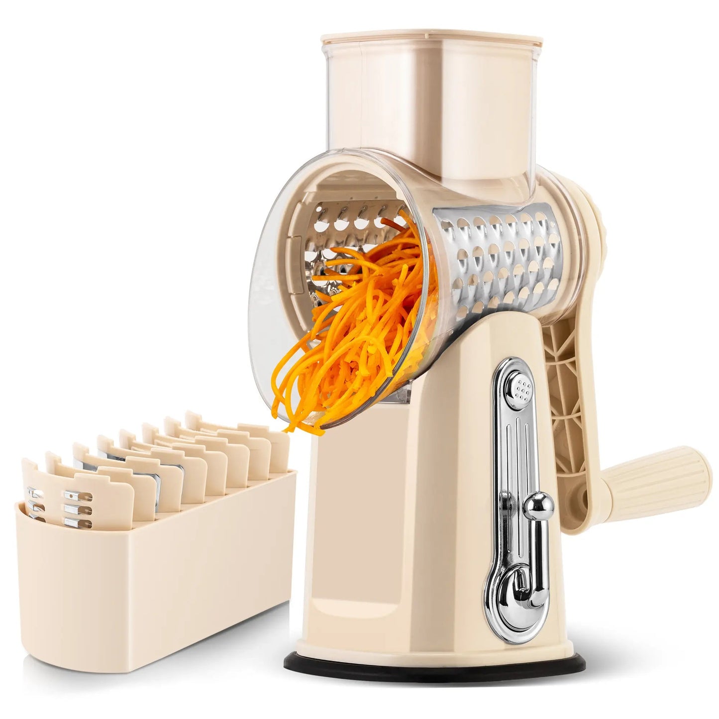 5-in-1 Rotary Cheese Grater with Handle – Interchangeable Blades Vegetable Slicer & Shredder with Suction Base