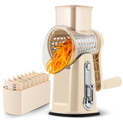 5-in-1 Rotary Cheese Grater with Handle – Interchangeable Blades Vegetable Slicer & Shredder with Suction Base
