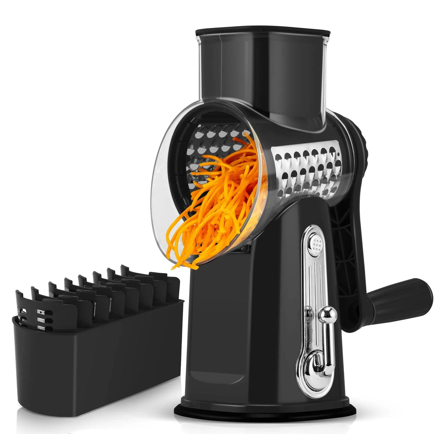 5-in-1 Rotary Cheese Grater with Handle – Interchangeable Blades Vegetable Slicer & Shredder with Suction Base