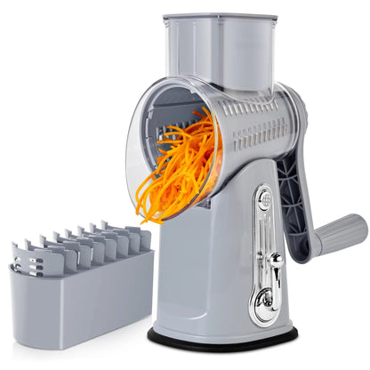 5-in-1 Rotary Cheese Grater with Handle – Interchangeable Blades Vegetable Slicer & Shredder with Suction Base