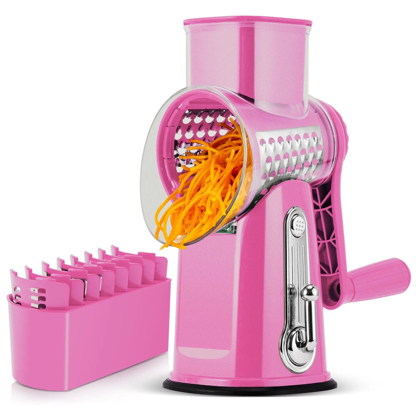 5-in-1 Rotary Cheese Grater with Handle – Interchangeable Blades Vegetable Slicer & Shredder with Suction Base