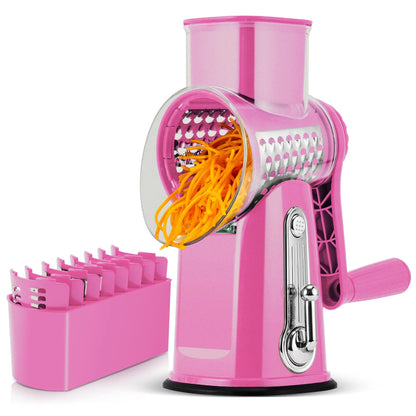 5-in-1 Rotary Cheese Grater with Handle – Interchangeable Blades Vegetable Slicer & Shredder with Suction Base
