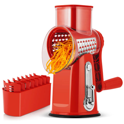 5-in-1 Rotary Cheese Grater with Handle – Interchangeable Blades Vegetable Slicer & Shredder with Suction Base