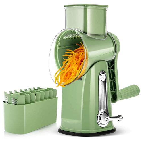 5-in-1 Rotary Cheese Grater with Handle – Interchangeable Blades Vegetable Slicer & Shredder with Suction Base