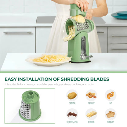 5-in-1 Rotary Cheese Grater with Handle – Interchangeable Blades Vegetable Slicer & Shredder with Suction Base