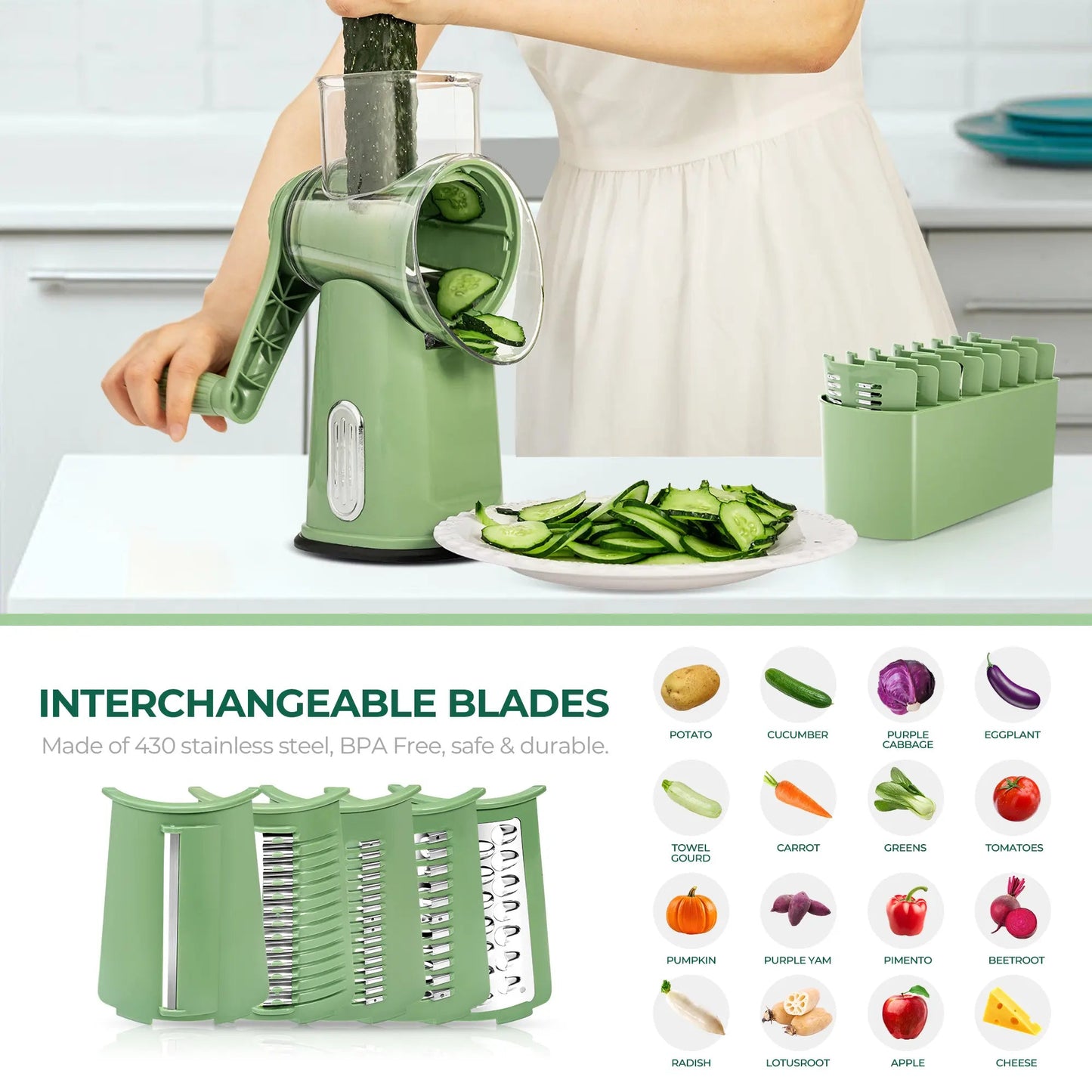 5-in-1 Rotary Cheese Grater with Handle – Interchangeable Blades Vegetable Slicer & Shredder with Suction Base