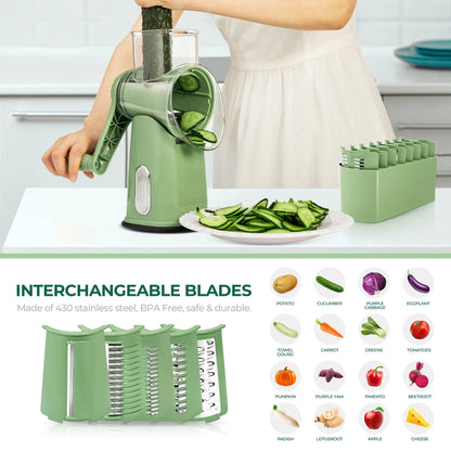 5-in-1 Rotary Cheese Grater with Handle – Interchangeable Blades Vegetable Slicer & Shredder with Suction Base