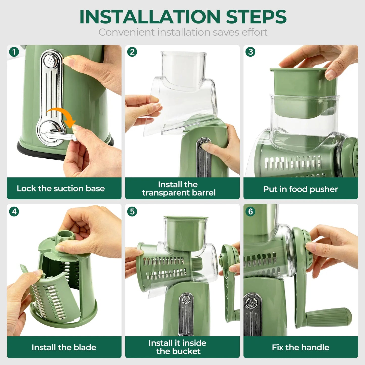 5-in-1 Rotary Cheese Grater with Handle – Interchangeable Blades Vegetable Slicer & Shredder with Suction Base