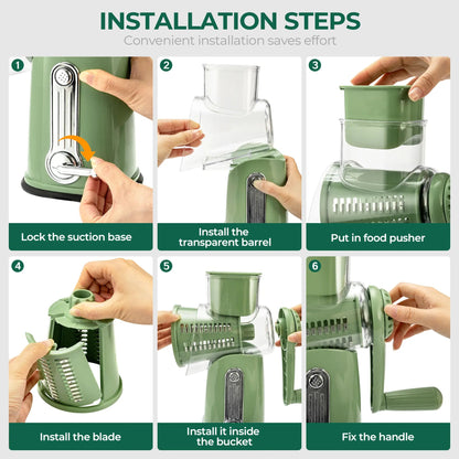 5-in-1 Rotary Cheese Grater with Handle – Interchangeable Blades Vegetable Slicer & Shredder with Suction Base