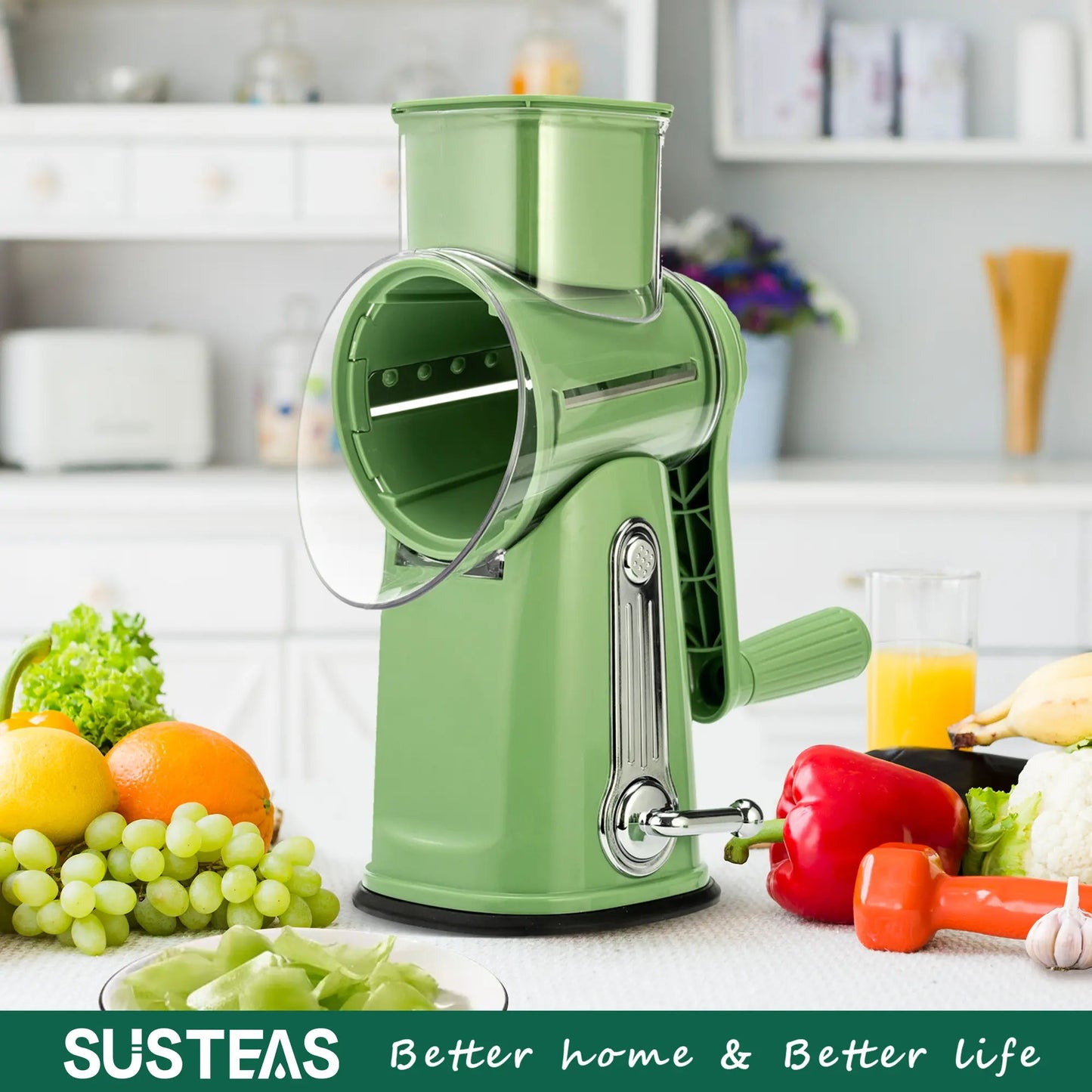 5-in-1 Rotary Cheese Grater with Handle – Interchangeable Blades Vegetable Slicer & Shredder with Suction Base