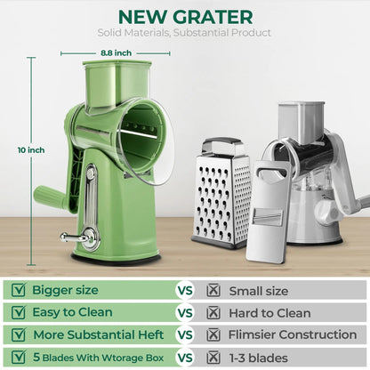 5-in-1 Rotary Cheese Grater with Handle – Interchangeable Blades Vegetable Slicer & Shredder with Suction Base