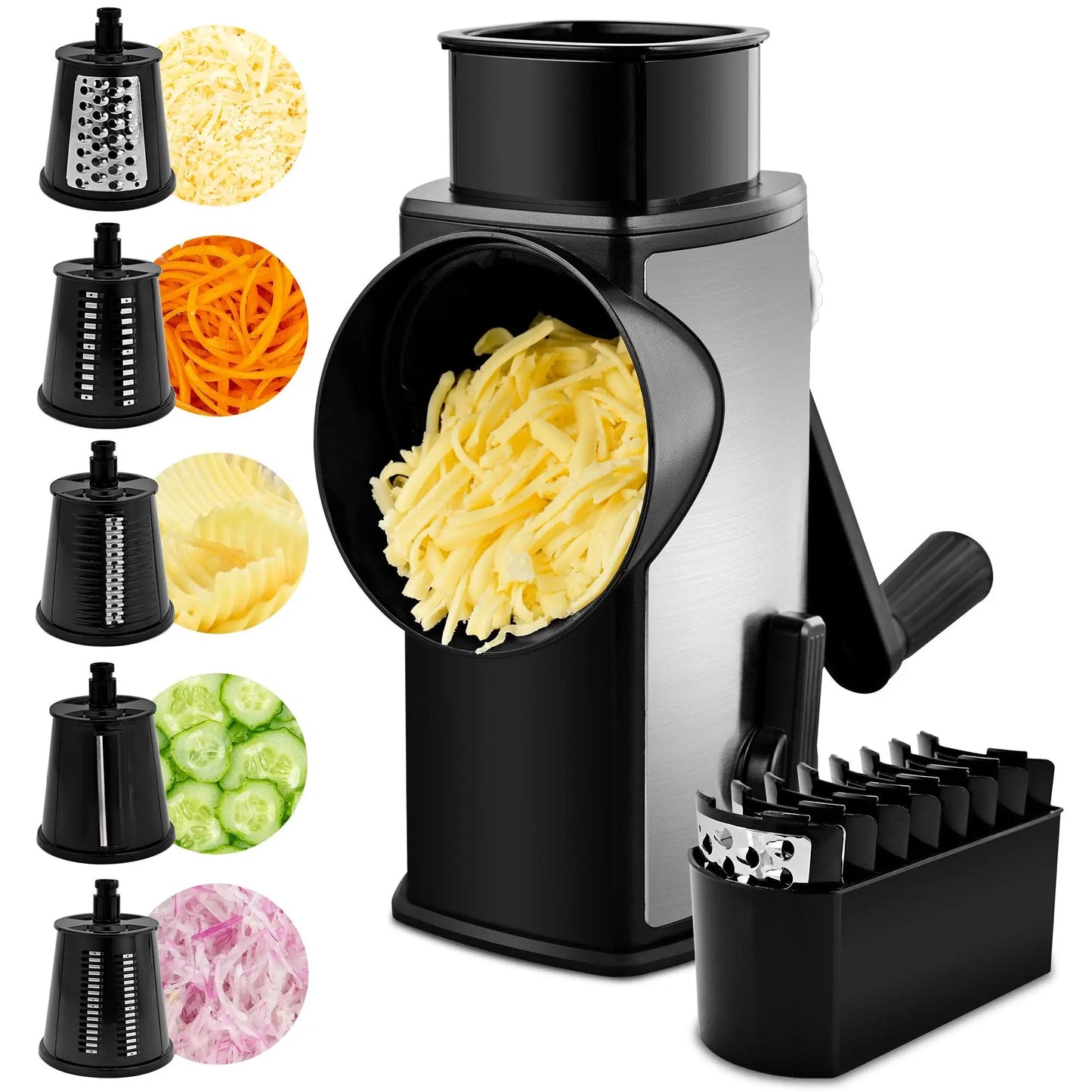 5-in-1 Rotary Cheese Grater with Handle – Interchangeable Blades Vegetable Slicer & Shredder with Suction Base