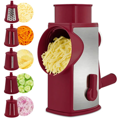 5-in-1 Rotary Cheese Grater with Handle – Interchangeable Blades Vegetable Slicer & Shredder with Suction Base