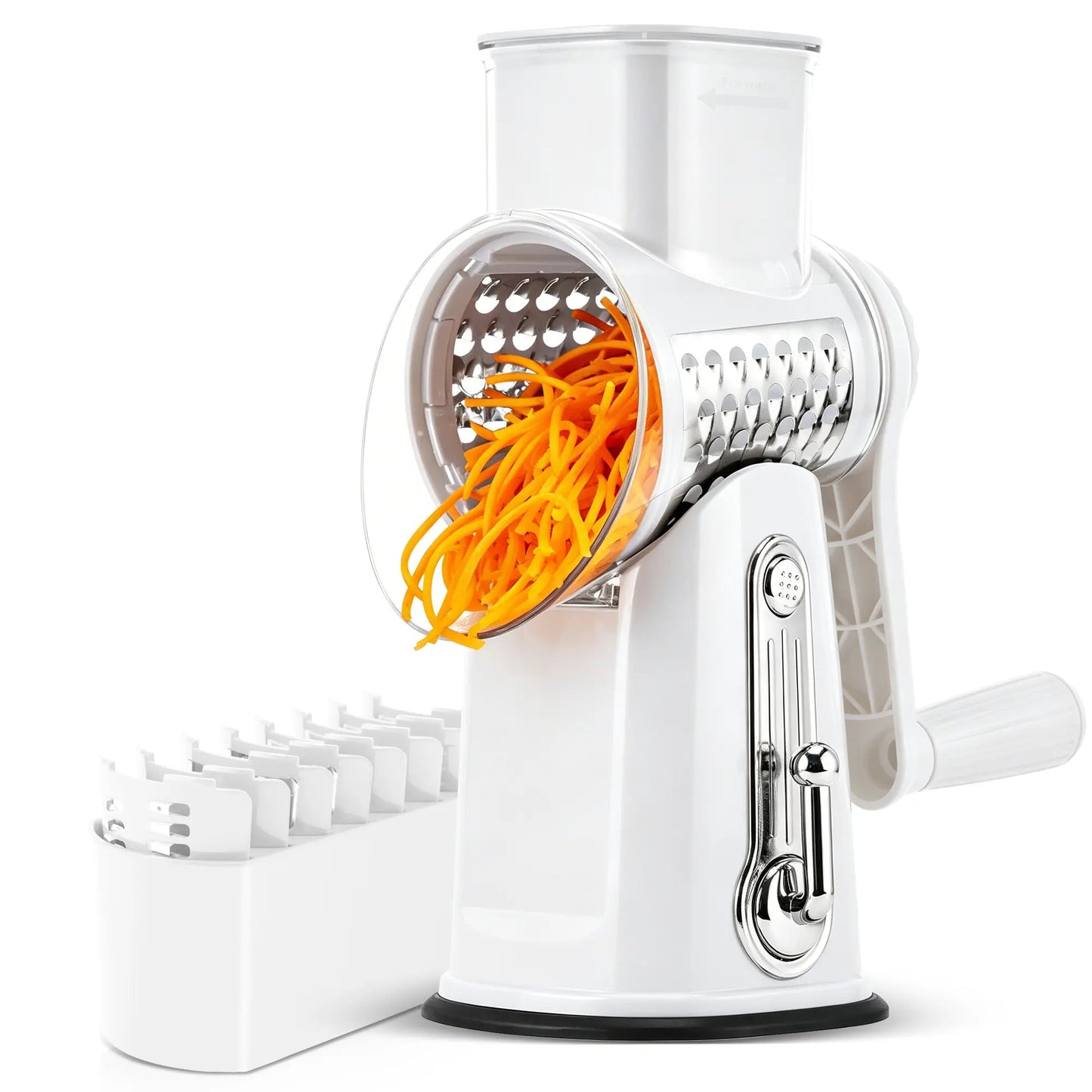 5-in-1 Rotary Cheese Grater with Handle – Interchangeable Blades Vegetable Slicer & Shredder with Suction Base